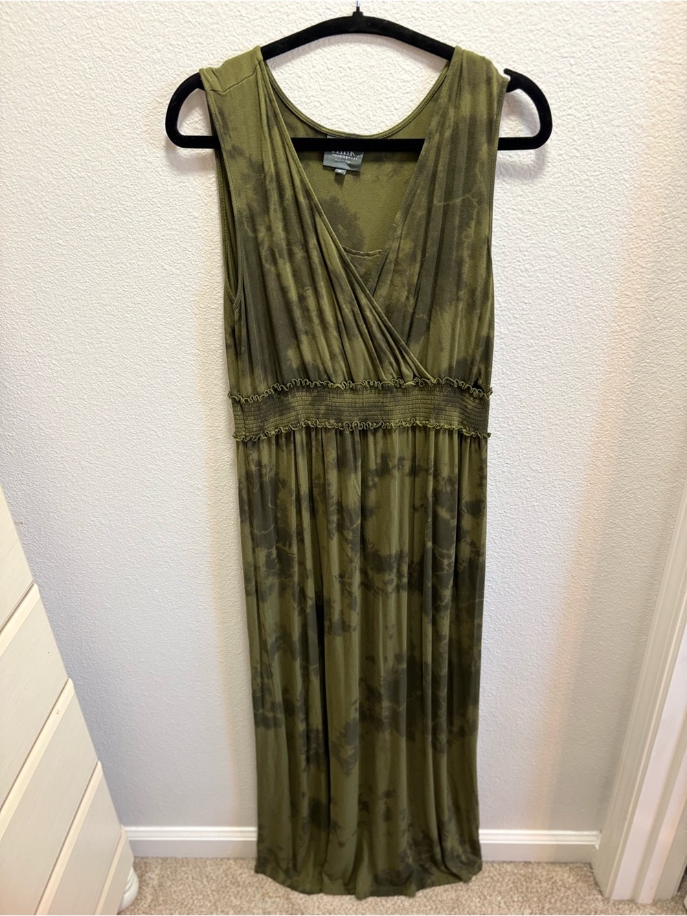 Olive Green Sleeveless Surplice Maxi Dress with Smocked Waist